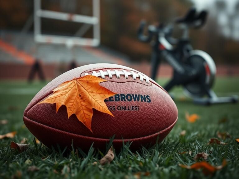Flick International Close-up of a Cleveland Browns football on grass with autumn leaf