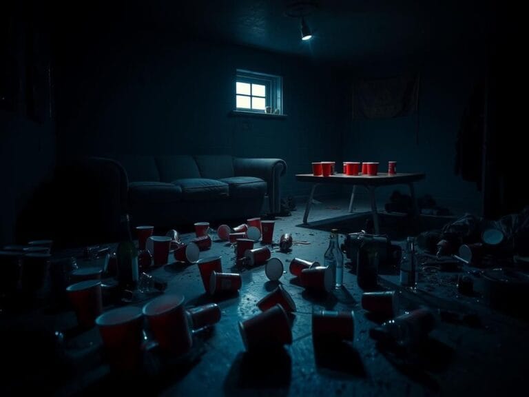 Flick International dimly lit basement aftermath of a fraternity hazing incident with discarded red Solo cups and empty liquor bottles