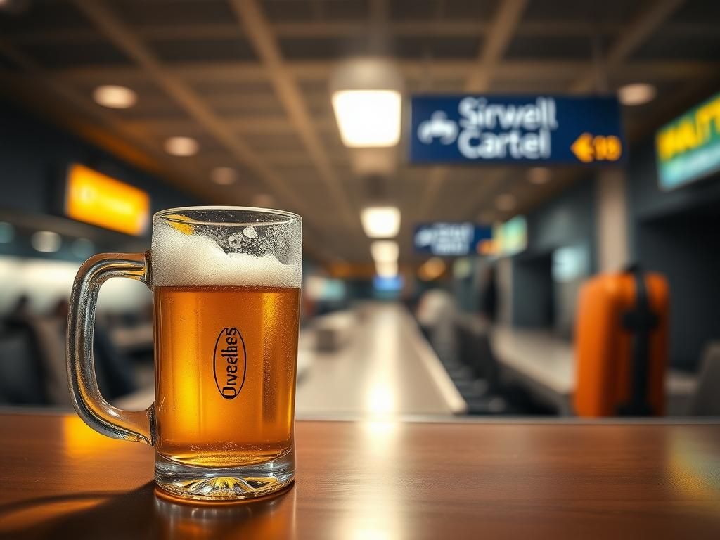Flick International A frosty beer mug on a small airport bar counter with blurred luggage in the background