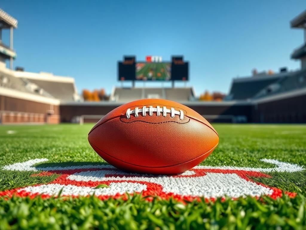 Flick International Close-up of a football on a Cleveland Browns end zone