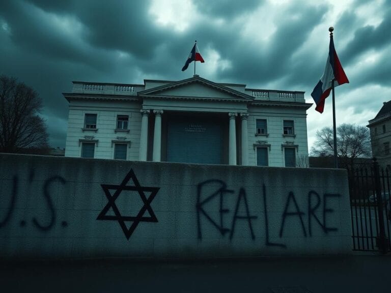 Flick International A somber image of a closed diplomatic building in Paris with graffiti symbolizing antisemitism and state recognition issues.