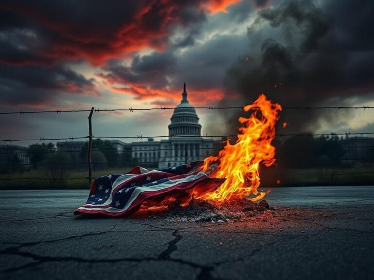 Flick International A tattered American flag partially engulfed in flames on cracked pavement