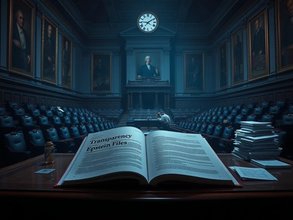 Flick International A dimly lit congressional chamber with empty seats and a document highlighting transparency.
