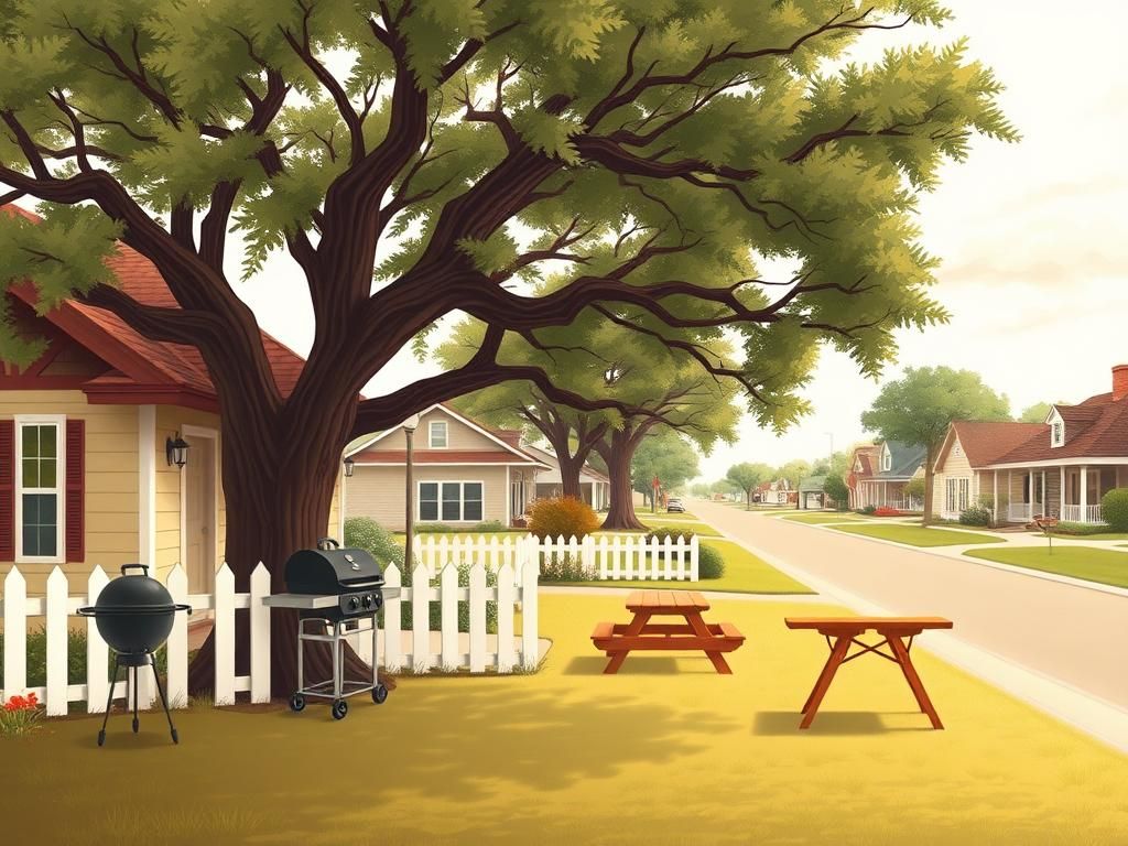 Flick International Cozy Southern suburban neighborhood scene with a classic Texas-style home and oak tree.