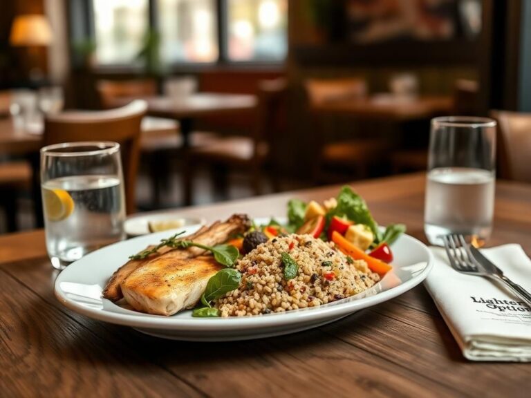 Flick International A beautifully arranged plate of small portions featuring grilled chicken, colorful vegetables, and quinoa salad in a cozy restaurant setting
