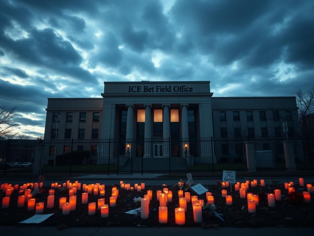 Flick International Exterior view of the ICE field office in Baltimore, Maryland with a makeshift vigil area in front