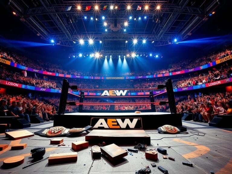 Flick International Dynamic wrestling scene inside the O2 Arena with AEW logos and championship belts