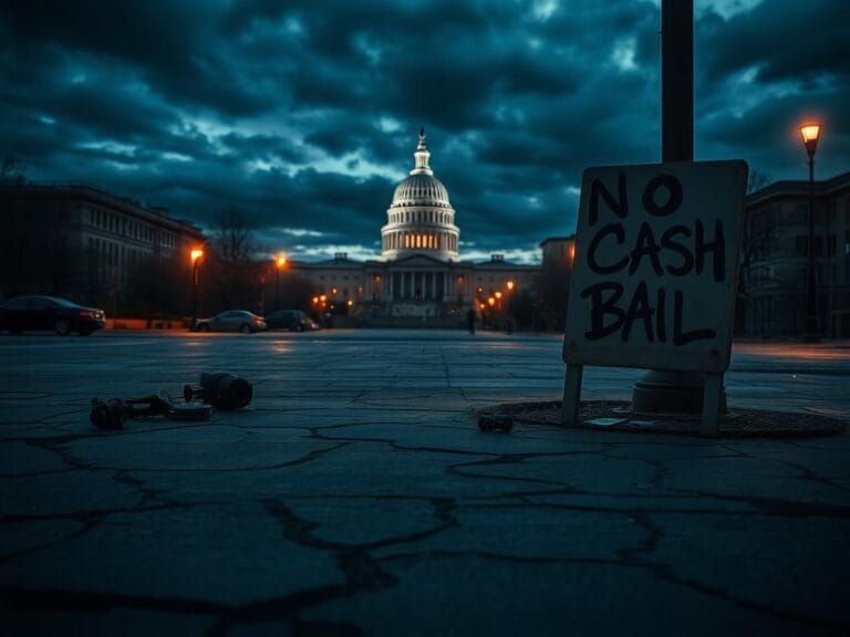 Flick International Urban scene of Washington D.C. at twilight with cracked pavement and the Capitol building in the background