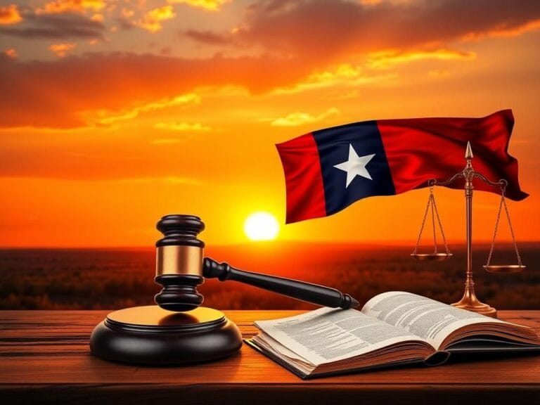Flick International Sunset over Texas with gavel and Texas flag, symbolizing justice and leadership