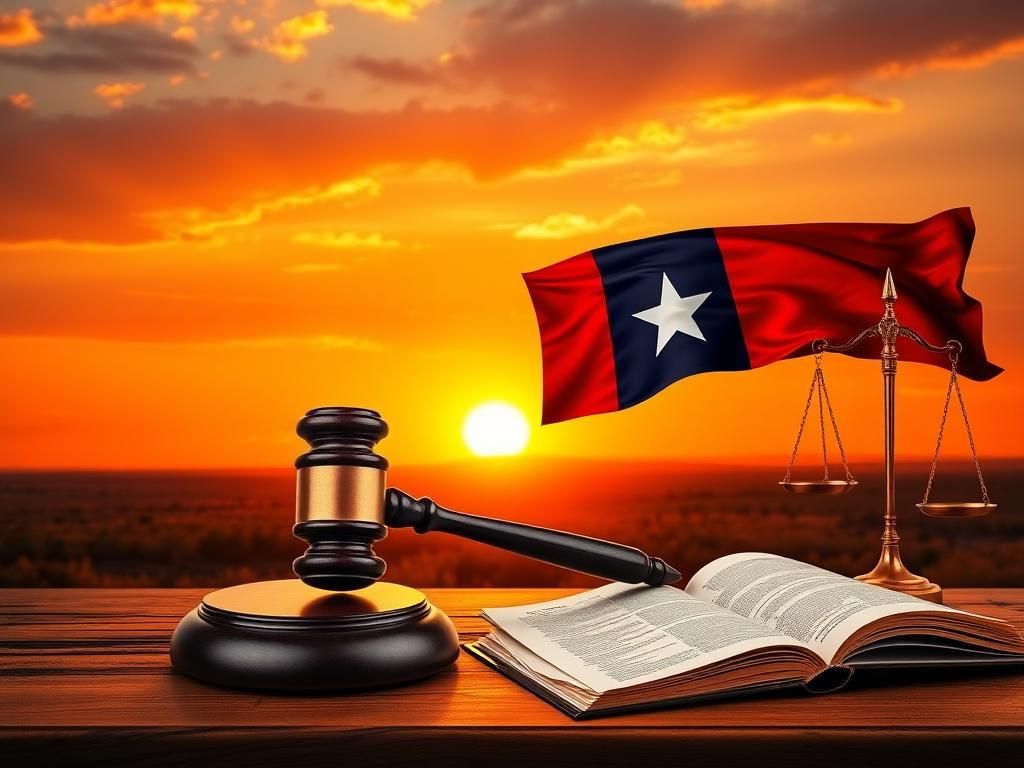 Flick International Sunset over Texas with gavel and Texas flag, symbolizing justice and leadership
