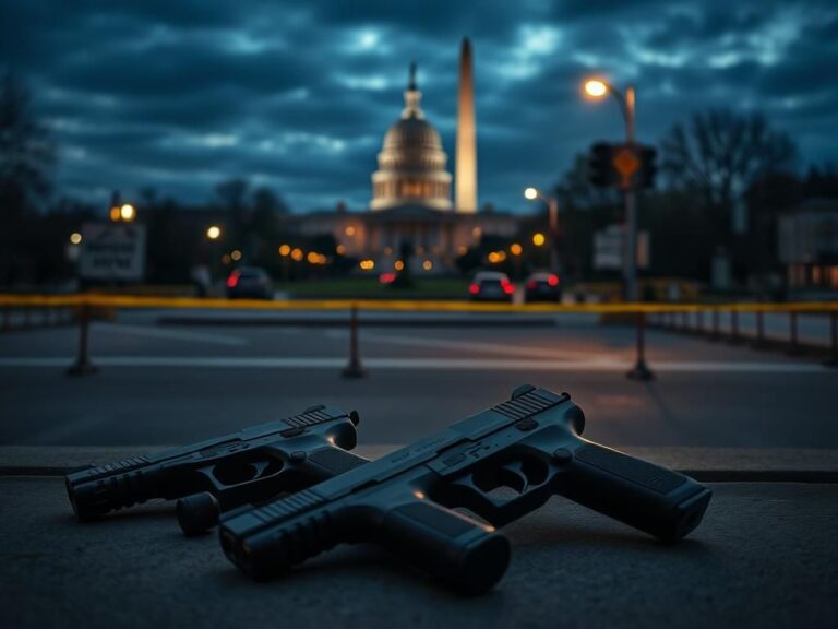Flick International National Guard troops with firearms in Washington, D.C. during twilight