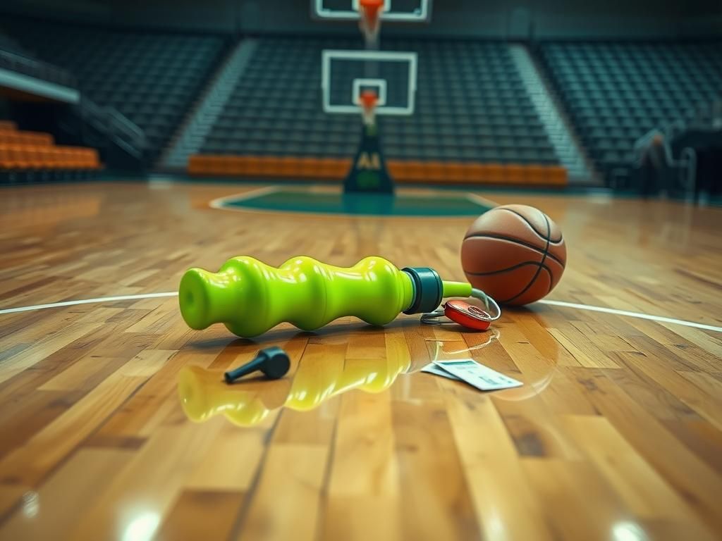 Flick International A vibrant lime-green dildo lying on a polished basketball court, surrounded by game elements.
