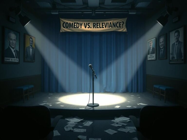 Flick International Dimly lit comedy club stage with an empty microphone stand and spotlight