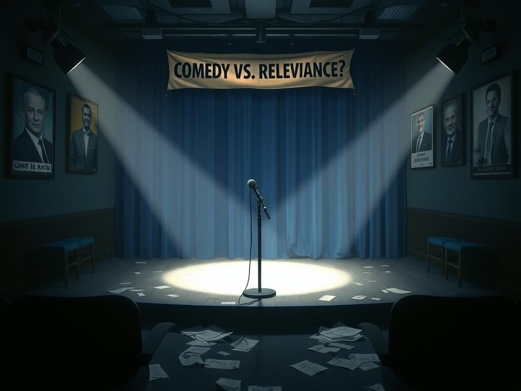 Flick International Dimly lit comedy club stage with an empty microphone stand and spotlight