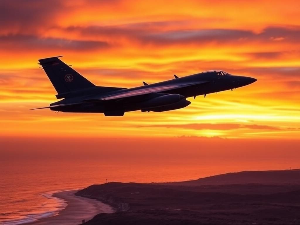 Flick International A retired military aircraft flying into a vibrant sunset, symbolizing the last evacuation flight from Afghanistan.