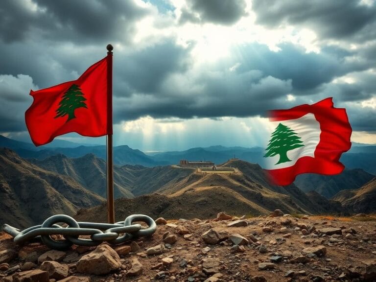 Flick International Dramatic landscape of Lebanon featuring rugged mountains and a stormy sky with the Lebanese flag in the foreground.