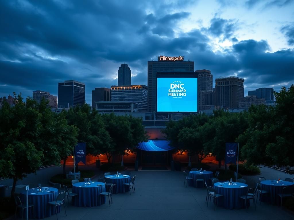 Flick International Panoramic view of Minneapolis skyline at twilight with DNC Summer Meeting banner