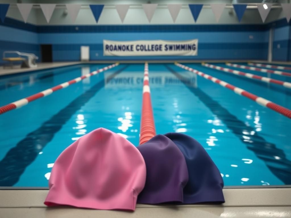 Flick International Close-up of a swimming pool with starting blocks and stacked swim caps representing female athletes