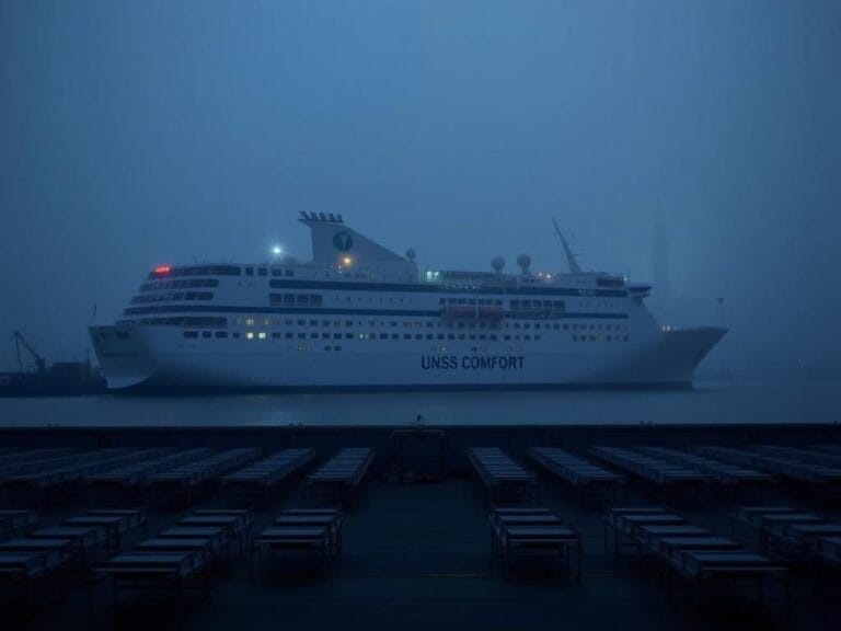 Flick International USNS Comfort hospital ship anchored in New York Harbor during COVID-19 pandemic