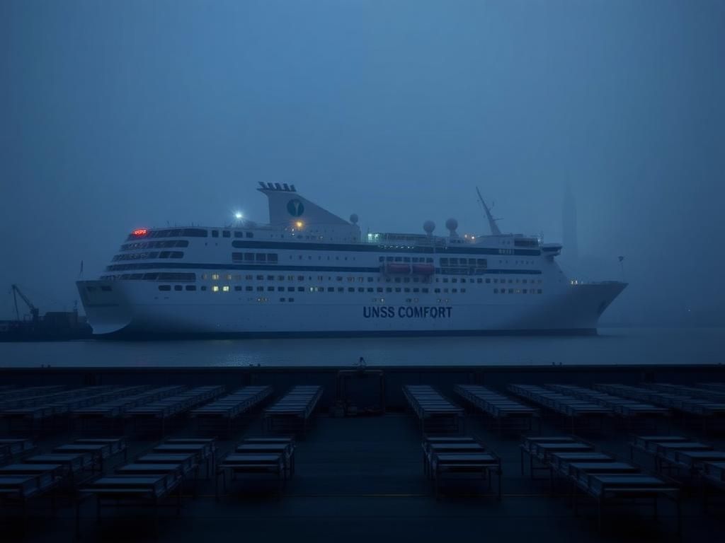 Flick International USNS Comfort hospital ship anchored in New York Harbor during COVID-19 pandemic