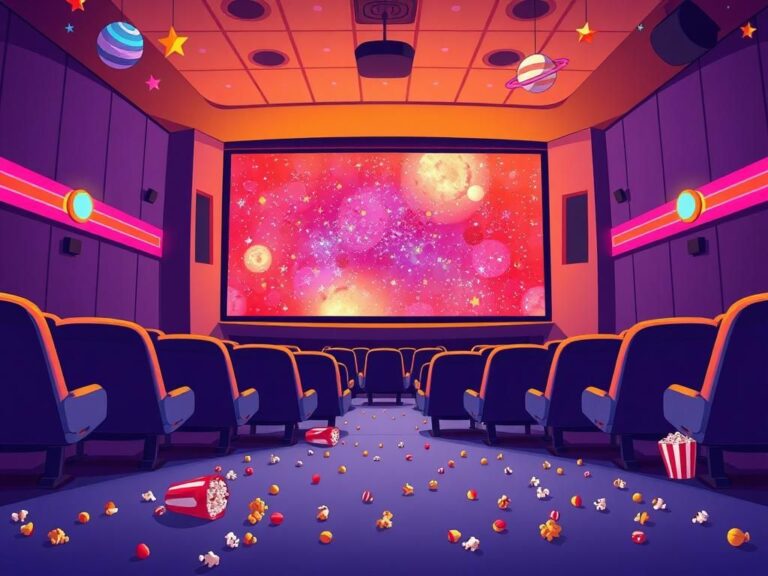 Flick International Cartoon-style movie theater interior featuring abstract space imagery and empty seats
