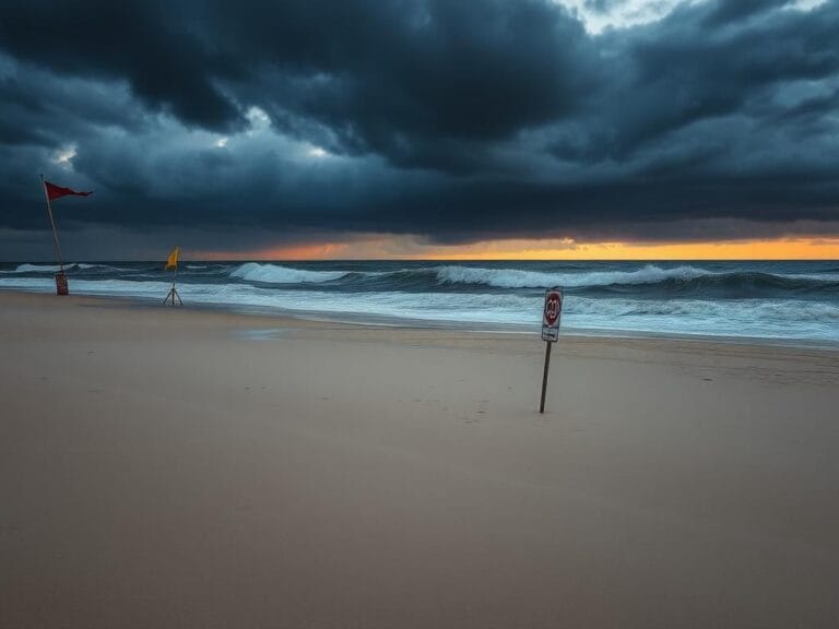 Flick International Serene dusk scene at Hampton Beach with tumultuous ocean waves and dark stormy clouds
