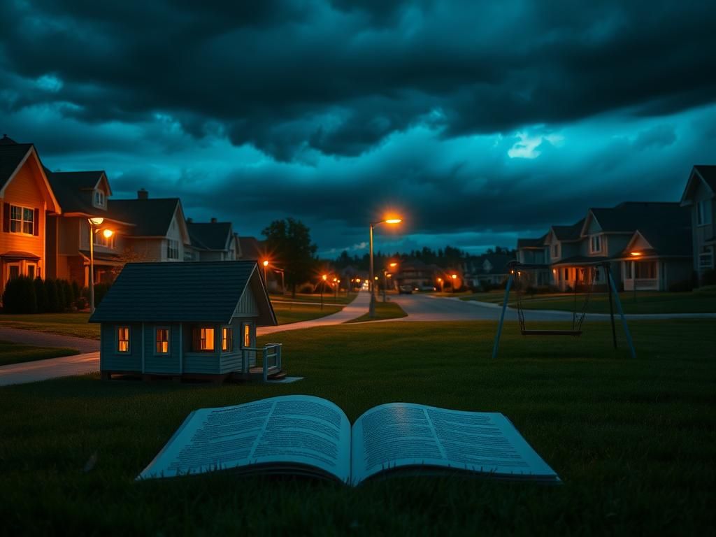 Flick International A dark suburban street at dusk with a dollhouse and empty swing set symbolizing lost childhood