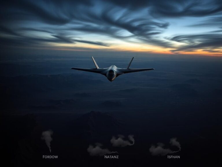 Flick International A B-2 stealth bomber flying over rugged Middle Eastern landscapes at dusk
