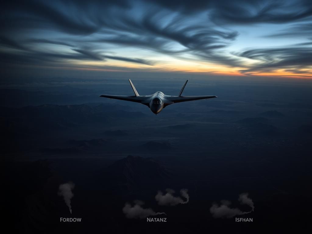 Flick International A B-2 stealth bomber flying over rugged Middle Eastern landscapes at dusk