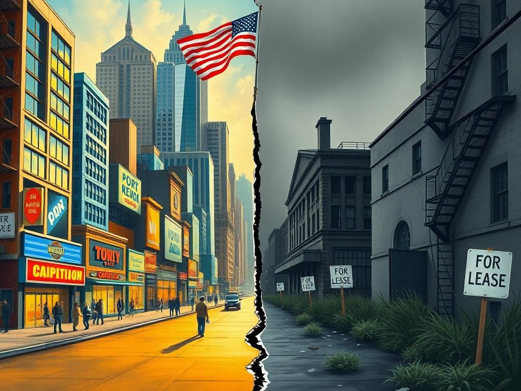 Flick International Split scene showing contrasting ideologies in New York City mayoral race with urban growth and stagnation