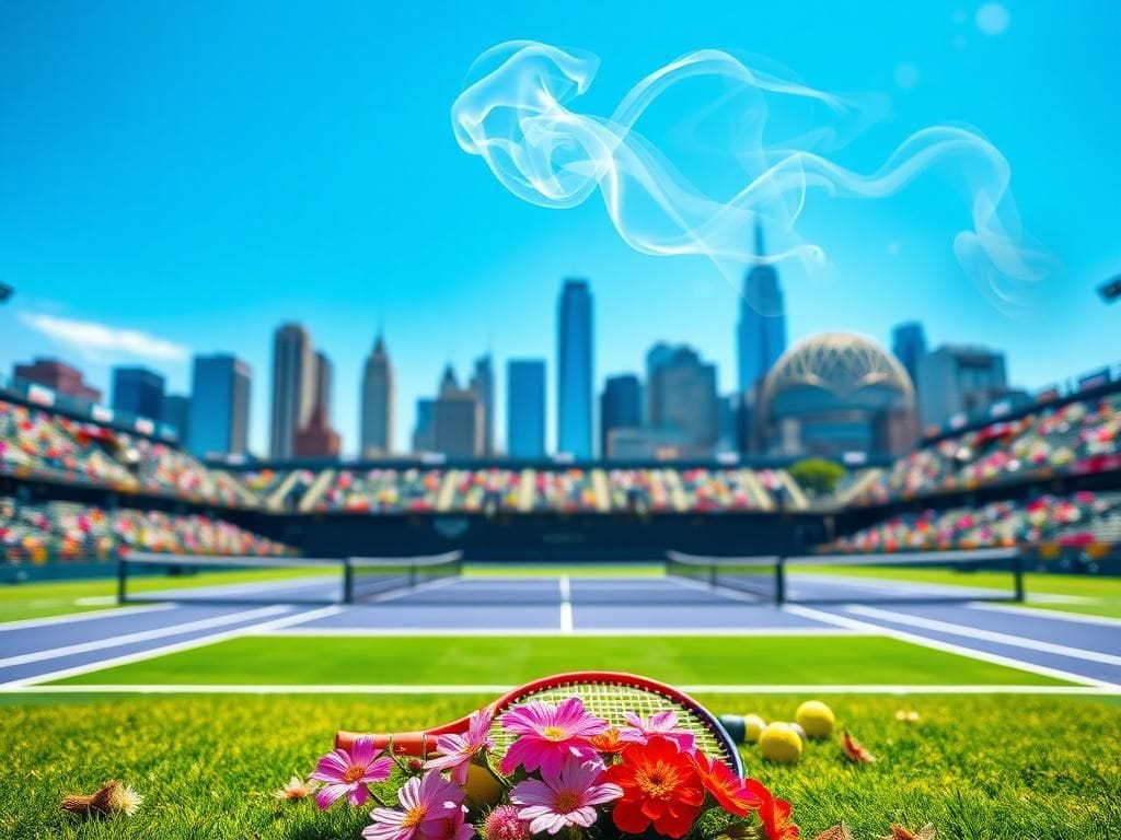 Flick International Vibrant scene of the Billie Jean King National Tennis Center during the U.S. Open with empty courts and New York City's skyline in the background