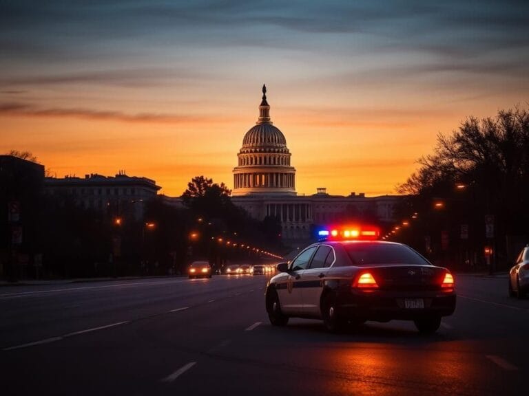 Flick International Police vehicle patrolling empty streets of Washington, D.C. at dusk