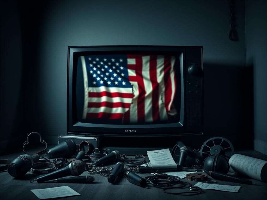 Flick International A darkened television screen reflecting a blurred image of a shattered American flag, symbolizing the decline of democracy.