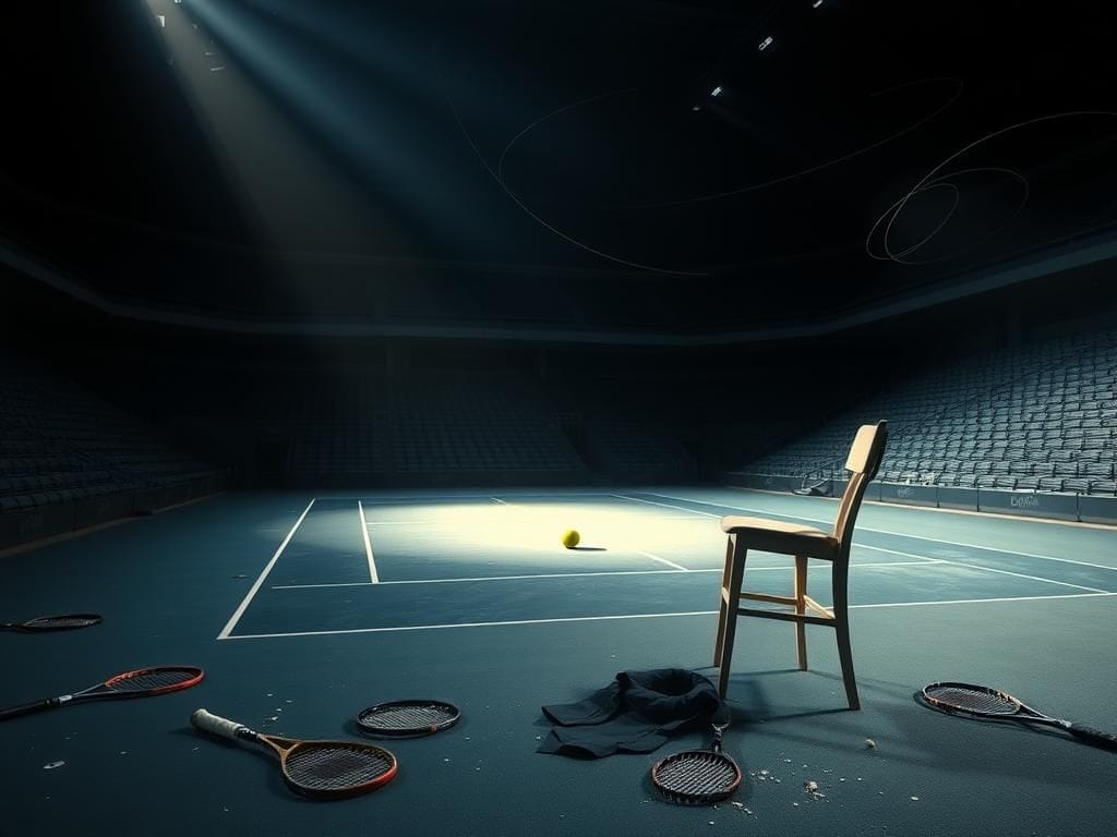 Flick International A dramatic scene of an empty tennis court with a lone ball illuminated by a spotlight, showcasing the chaos of Medvedev's match.