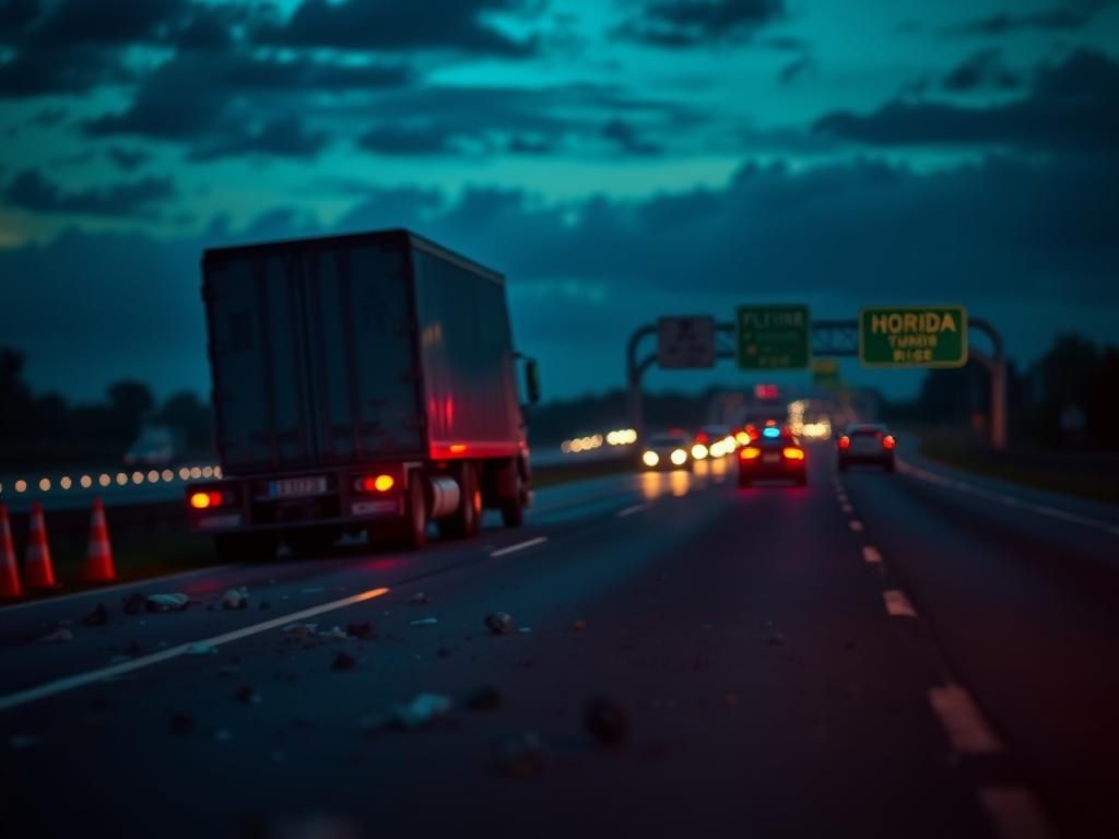 Flick International A semi-truck on the roadside of the Florida Turnpike at dusk, with caution signs and debris scattered across the road.