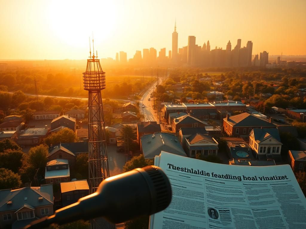 Flick International Aerial view of a small-town landscape with local broadcasting towers and community buildings