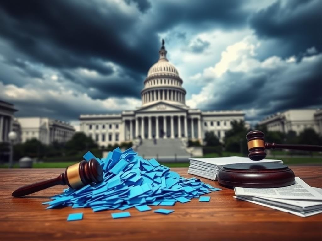 Flick International A dynamic scene of the U.S. Capitol building under a stormy sky with blue slips scattered across a wooden table