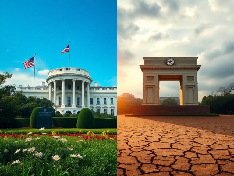 Flick International Abstract representation of diplomacy between the United States and North Korea featuring the White House and Arch of Triumph