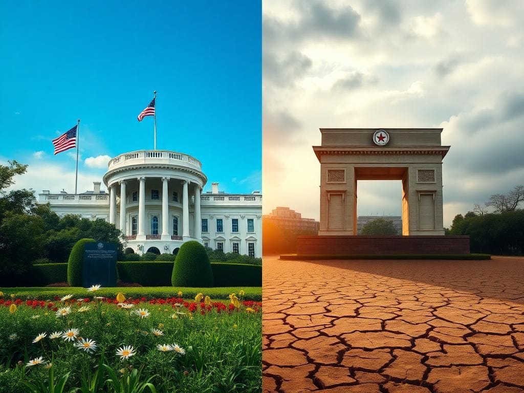 Flick International Abstract representation of diplomacy between the United States and North Korea featuring the White House and Arch of Triumph