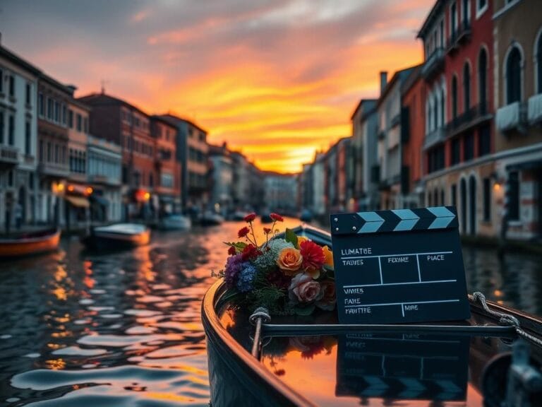 Flick International A serene Venetian canal at sunset with a boat adorned with flowers and vintage decor