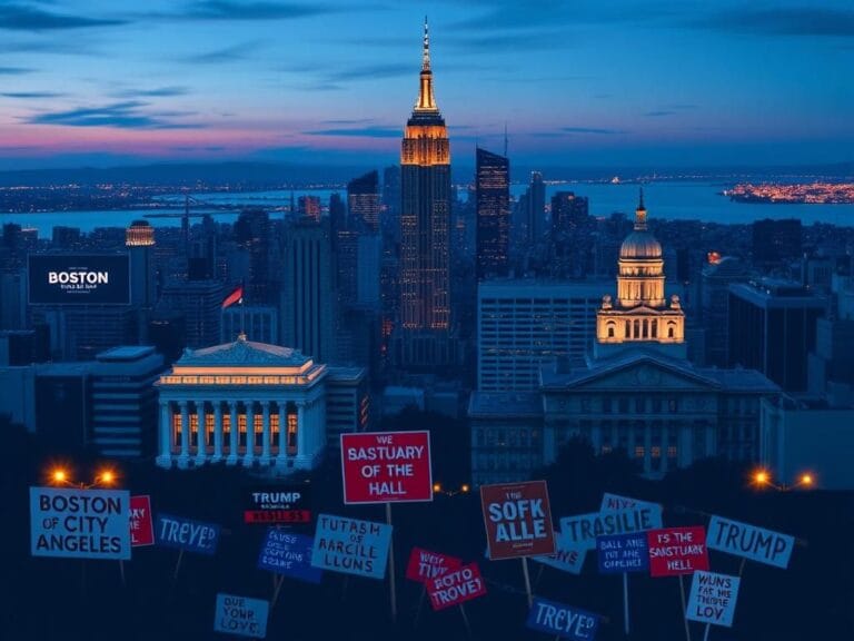 Flick International Powerful urban landscape at dusk featuring NYC skyline with Boston and LA City Halls symbolizing resilience against the Trump administration
