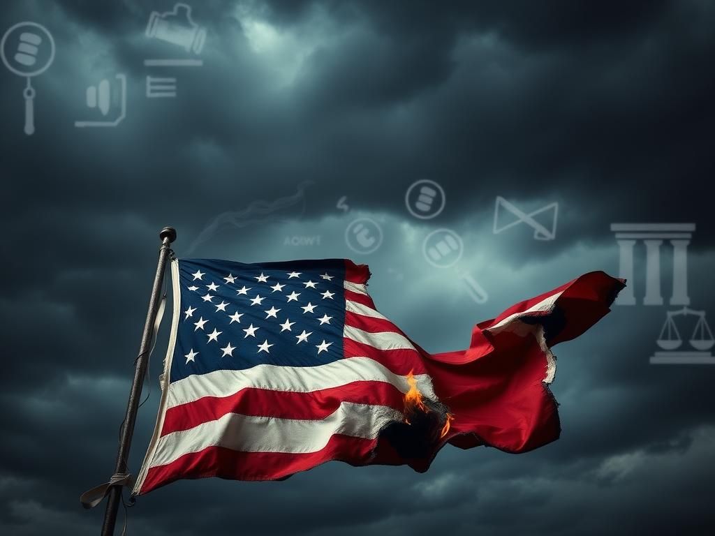 Flick International Dramatic scene of a partially burned American flag in a dark stormy setting