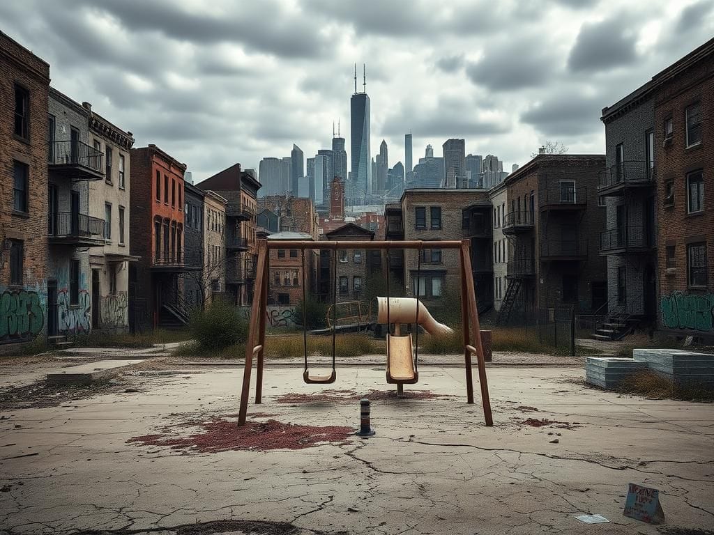 Flick International Abandoned playground in a deserted Chicago neighborhood highlighting urban despair