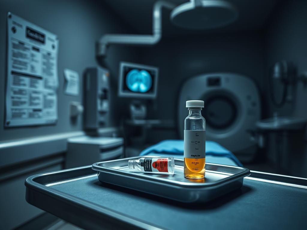 Flick International Dimly lit CT scan room with contrast dye vial and medical equipment