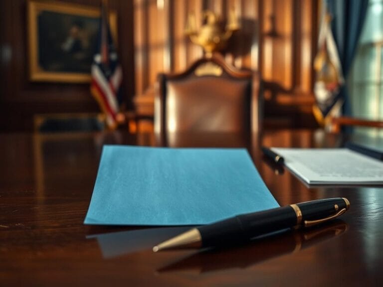 Flick International Close-up of a blue slip of paper on a wooden desk in the Oval Office, representing the Senate's blue slip practice.
