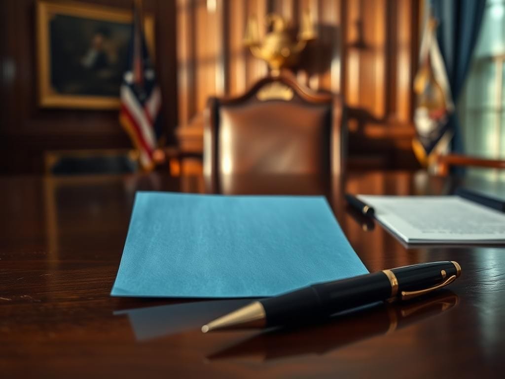 Flick International Close-up of a blue slip of paper on a wooden desk in the Oval Office, representing the Senate's blue slip practice.