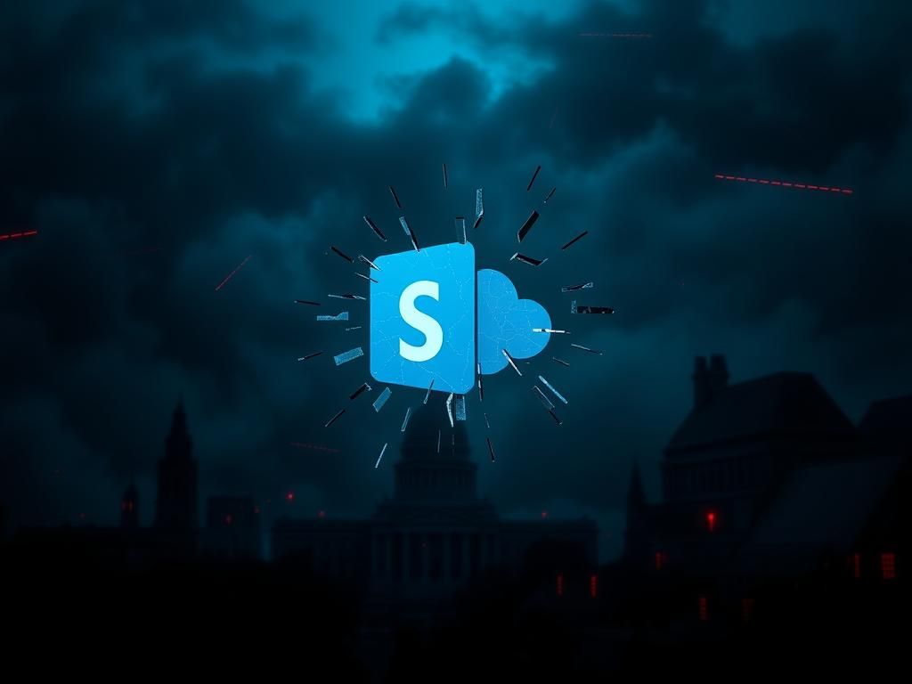 Flick International A dark digital landscape symbolizing cybersecurity threats with a cracked SharePoint logo