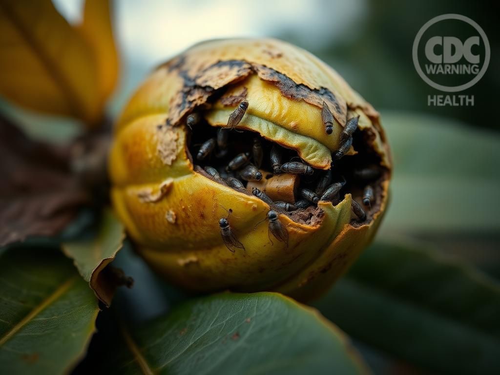 Flick International Close-up view of decaying fruit infested with fly larvae, illustrating screwworm infection