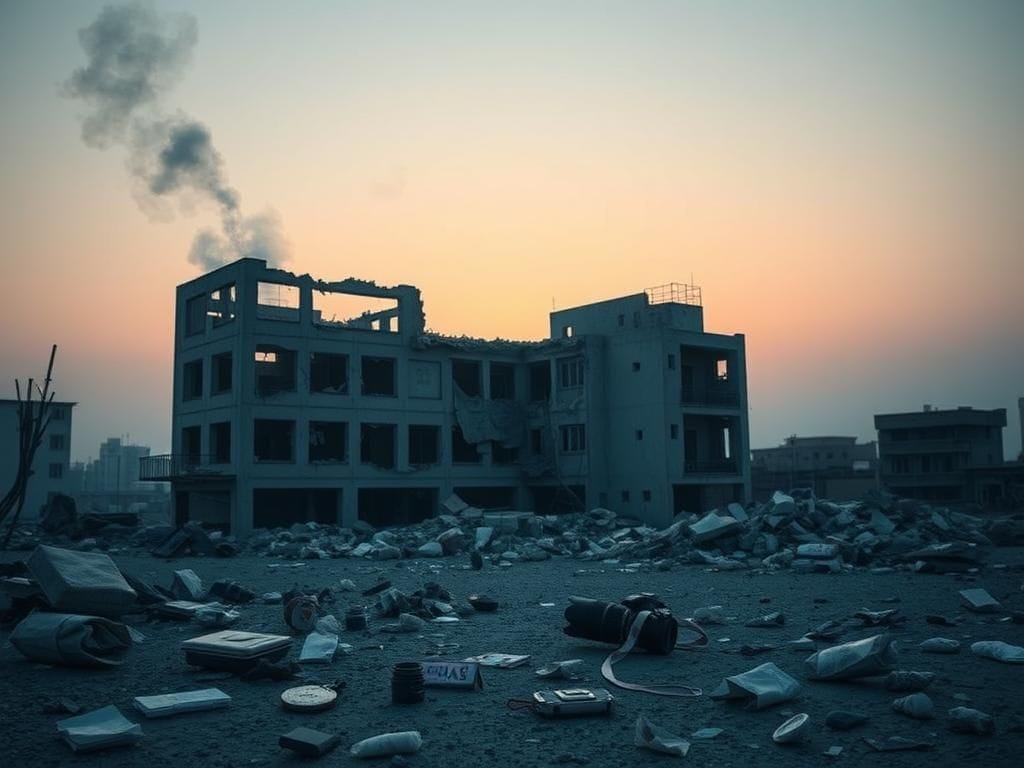 Flick International Aftermath of a hospital strike in Gaza with damaged building and debris