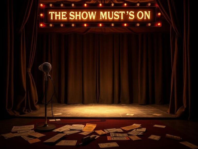 Flick International Dimly lit vintage theater stage with empty spotlight and old-fashioned microphone